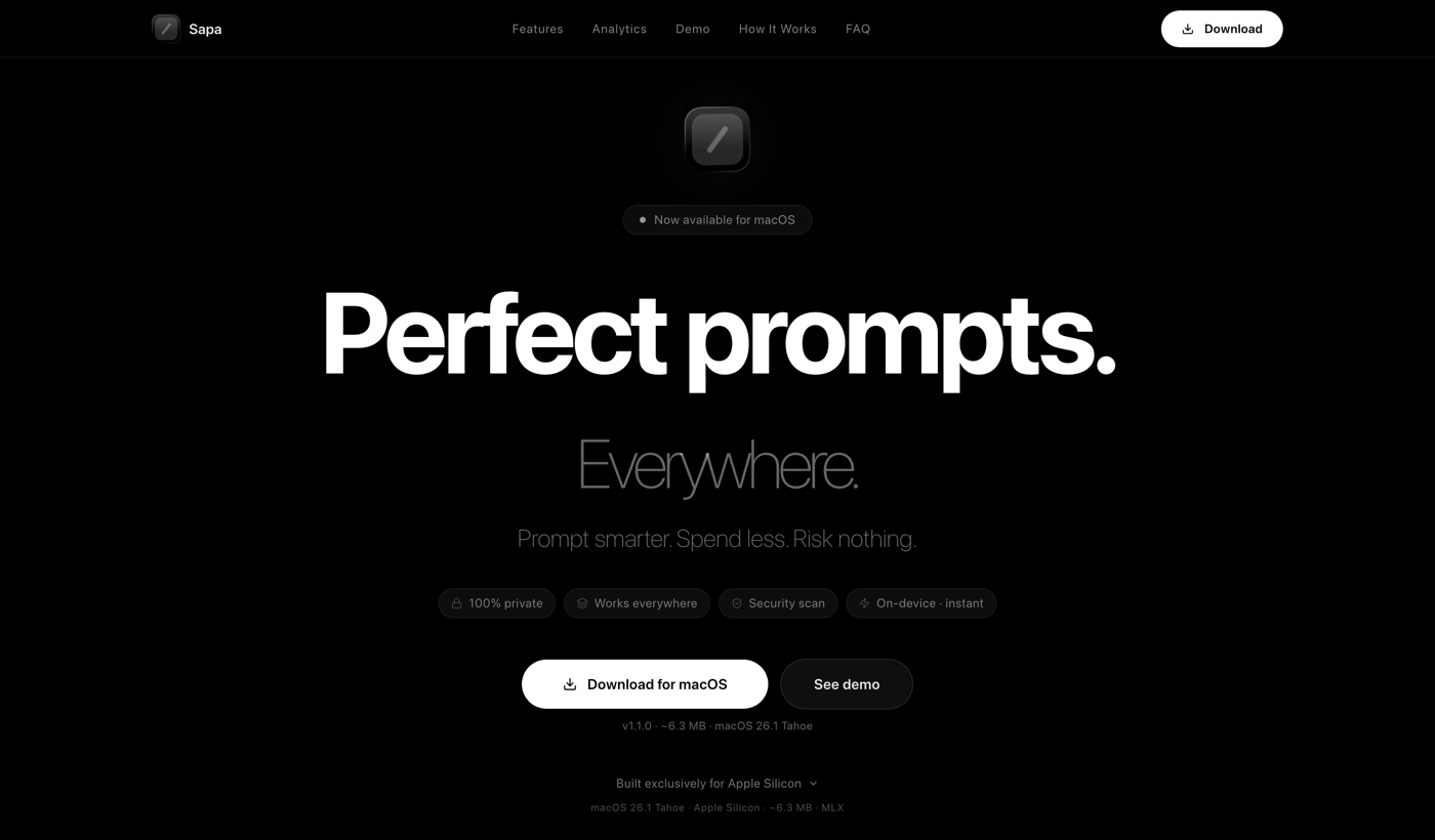 Sapa's website homepage: a dark macOS app landing page reading 'Perfect prompts. Everywhere.' with badges for 100% private, works everywhere, security scan, and on-device instant, above a Download for macOS button